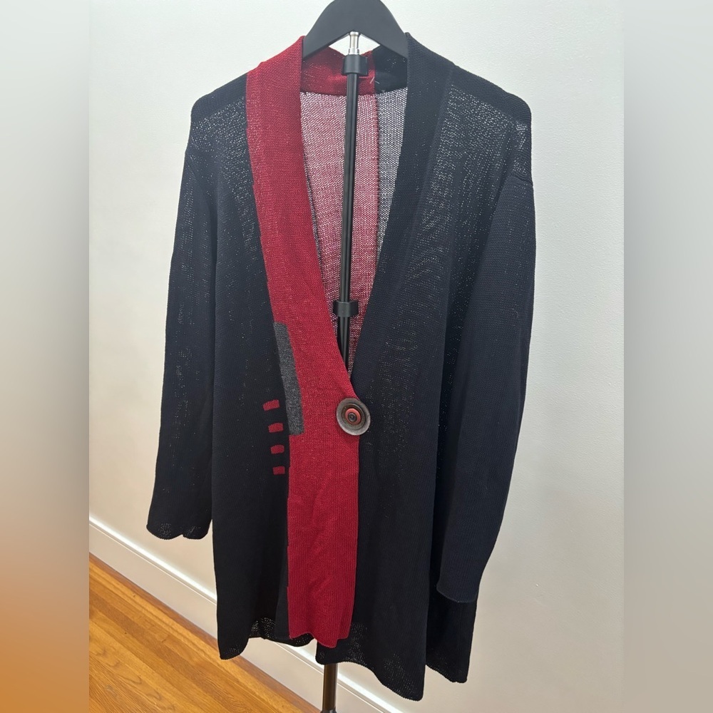 328. Vintage Sandra Miller Black and Red Buttoned Cardigan. Size XL or XXL